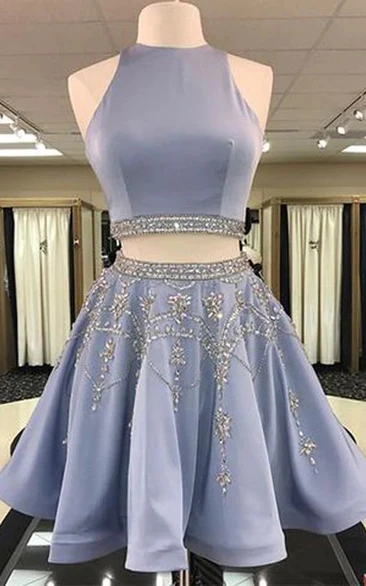 Beaded Scoop-neck Sleeveless Two Piece Blue Short A-line Prom Dress
