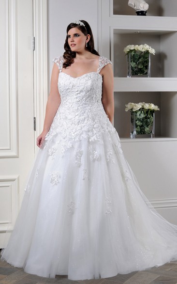 Queen Anne Tulle A-line Ball Gown With Appliques And Court Train