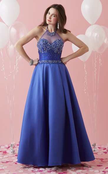 High Neck Sleeveless A-line Satin Prom Dress With Crystal Detailing