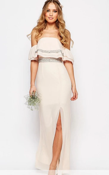 Off-the-shoulder Chiffon Split Front Dress With Beading