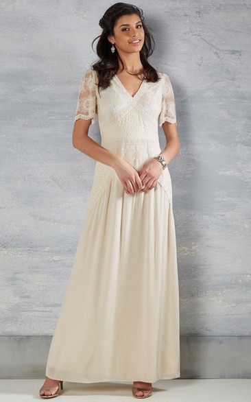 A Line V-neck Short Sleeves Ankle-length Chiffon Wedding Dress with Keyhole and Appliques