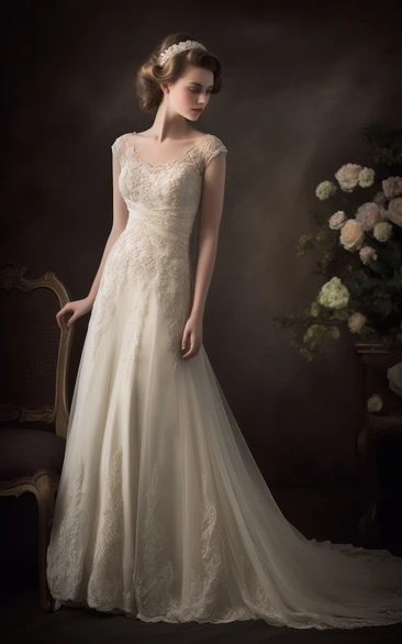 Criss-cross Ruched Cap Chiffon Empire Tulle Applique Wedding Dress