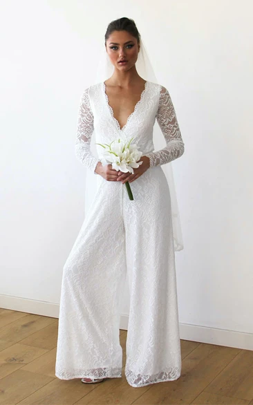 Ivory V Neck Wedding Lace Jumpsuit Bridal Romper
