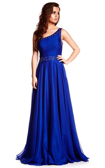 A-line One-shoulder Sleeveless Floor-length Chiffon/Satin Evening Dress with Ruching and Beading