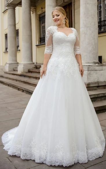 Modern Ball Gown Queen Anne Tulle Floor-length Half Sleeve Wedding Dress with Appliques
