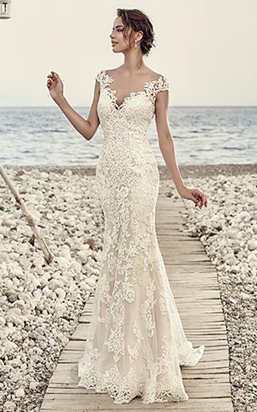 Sheath V-neck Cap-sleeve Lace Wedding Dress With Appliques And Court Train