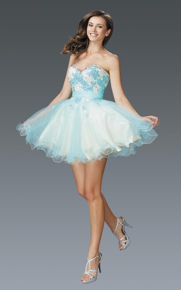 Multi-Color Satin Tulle Ruffled Appliqued A-Line Mini Strapless Sweetheart Sleeveless Dress