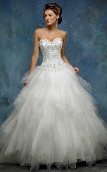 Ball Gown Sweetheart Sleeveless Floor-length Tulle Wedding Dress with Corset Back and Cascading Ruffles