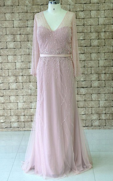 V-neck Chiffon&Tulle Dress With Beading