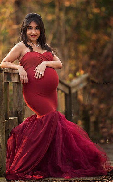 Sweetheart Sleeveless Pleated Ruched Ruffled Maternity Dress