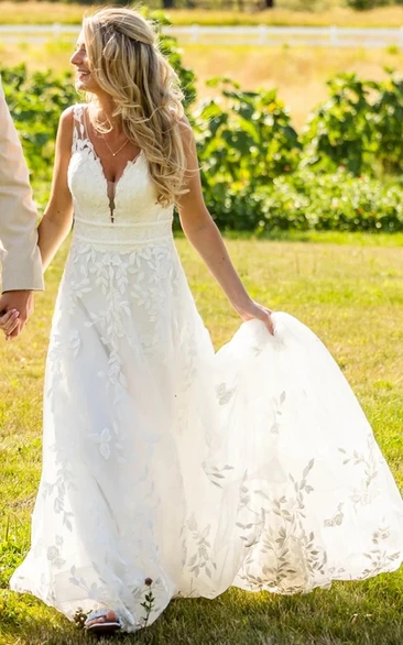 Sleeveless Plunged A-line Empire Lace Deep-v Back Wedding Dress