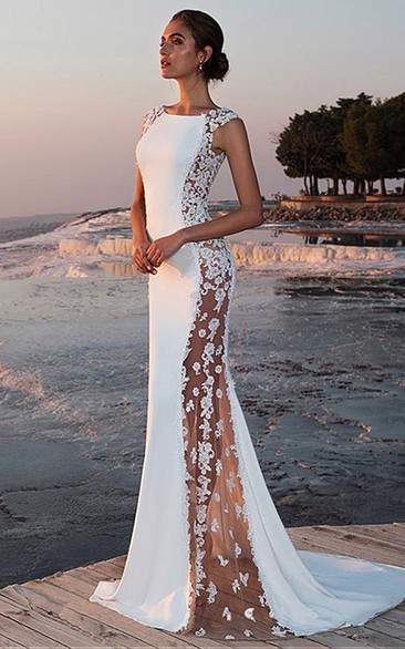 Summer Bohemian Lace Satin Jewel Lapel Sweep Train Length Beach Mermaid Wedding Dresses 