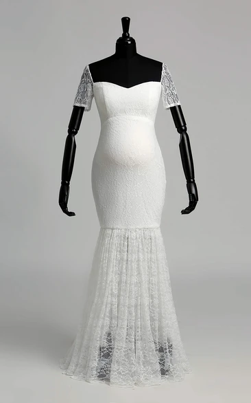 Mermaid Lace Off-the-shoulder Floor-length Short Sleeve Pleats Maternity Wedding Dress