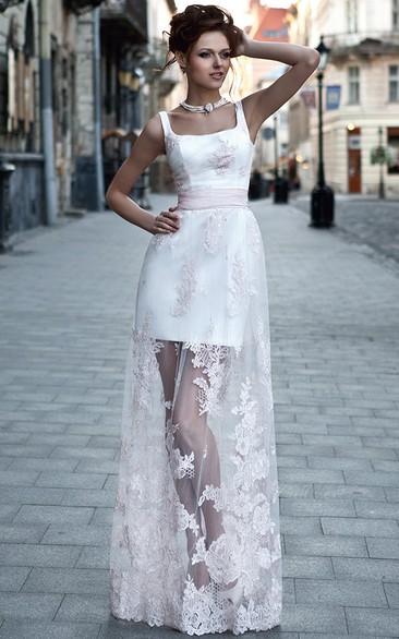 A-line Square Sleeveless Floor-length Lace/Satin Evening Dress with Corset Back and Illusion Skirt