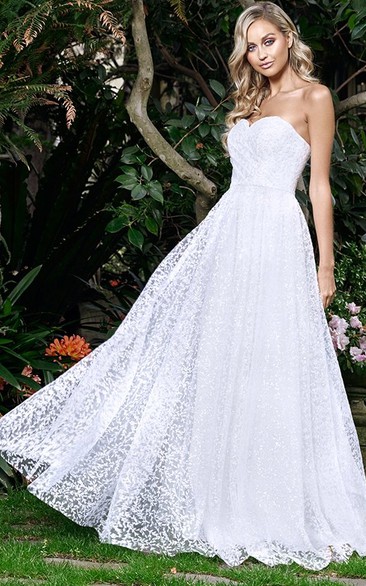 Elegant A Line Sweetheart Lace Floor-length Sleeveless Open Back Zipper Wedding Dress with Ruching