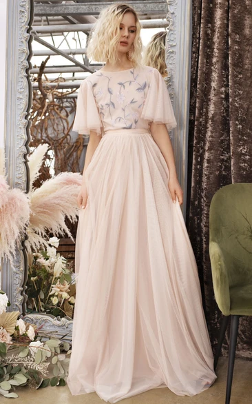 Blush Bateau-neck Half-sleeve Tulle Empire Embroideried Low-v Back Wedding Dress