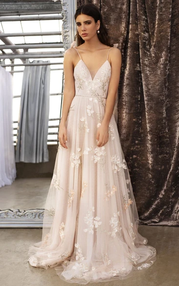 Spaghetti A-line Blush Tulle Embroideried Empire Wedding Dress with Beaded Waist