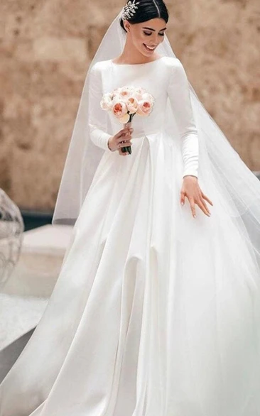 Modest Long Sleeve Bateau-neck Ball Gown A-line Wedding Dress with Chapel Train