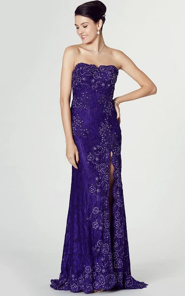 Strapless Sheath Lace Dress With Split Front And Beading