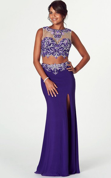 Scoop-neck Sleeveless Jersey Two Piece Prom Dress With Split Front And Beading