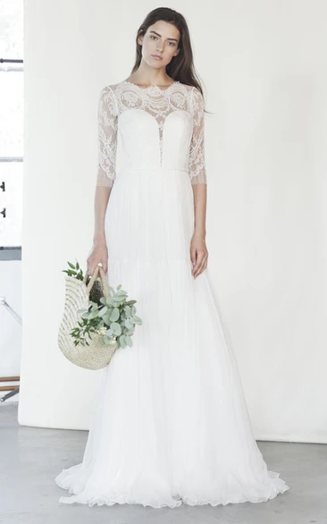 Bohemian A Line Lace Wedding Dress with Illusion Back