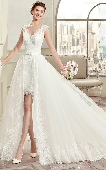 Cap-sleeve Tulle Lace Wedding Dress With Low-V Back 