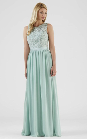 Scoop-neck Sleeveless Chiffon Floor-length Dress With Keyhole And Lace top
