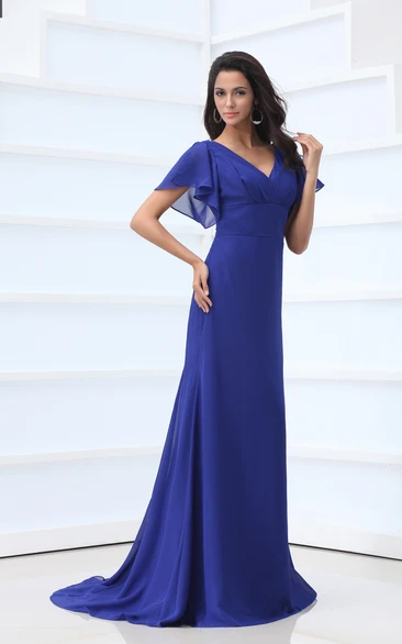 Chiffon Bell-Sleeve V-Neckline Ethereal Floor-Length Pleated Dress