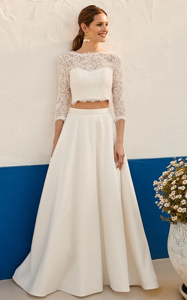 Romantic Two Piece Jewel Satin Floor-length 3/4 Length Sleeve Wedding Dress with Ruching