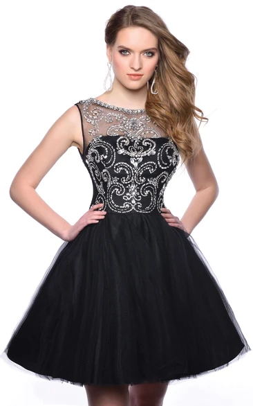 Deep V-Back Sleeveless A-Line Mini Tulle Homecoming Dress With Crystal Detailed Bodice