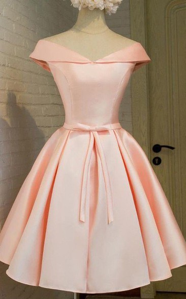 Short Sleeve Ball Gown Tea-length Off-the-shoulder V-neck Bow Pleats Satin Homecoming Dress