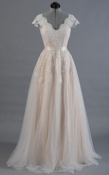 Bridal Tulle Skirt V-Back V-Neckline Cap-Sleeve Dress