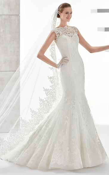 Mermaid/Trumpet Jewel Sleeveless Floor-length Lace Wedding Dress with Illusion and Appliques