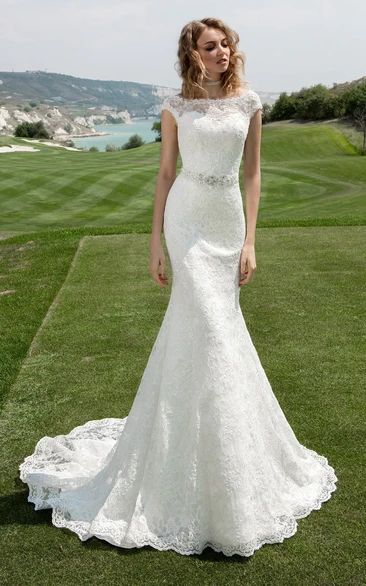 Bridal Jeweled Waist Cap-Sleeve Bateau-Neckline Dress