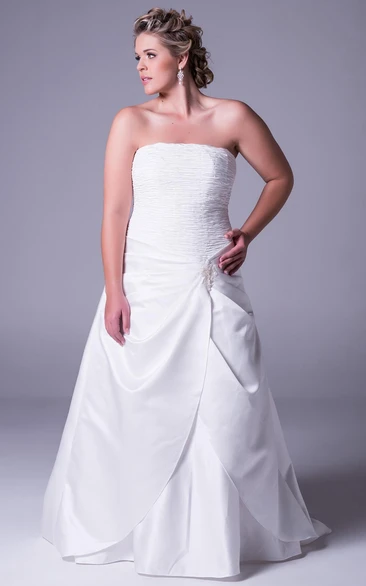 Strapless A-line Satin plus size Gown With Ruched bodice And Sweep Train