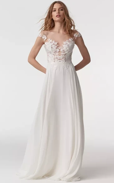 Simple Off-the-shoulder Lace Two Piece Chiffon Floor-length Wedding Dress