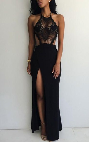 Lace Front-Slit Floor-Length Evening Party Black Sassy Gown