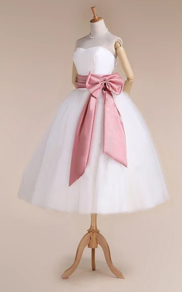 Tulle Satin Ribbon Bow Lace-Up-Back Sweetheart Dress