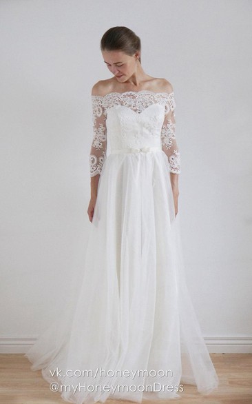 Lace Button Tulle Off-The-Shoulder Taffeta Gown