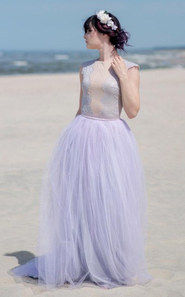 Jewel-Neck Cap-sleeve Tulle Floor-length Dress With Lace top
