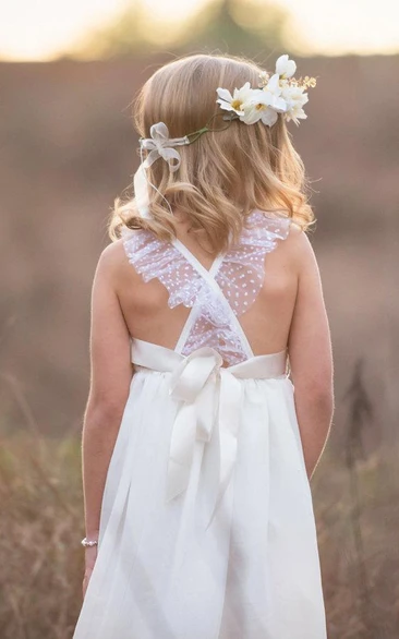 Lace Bow Back Strap Criss-Crossed Flower Girl Dress