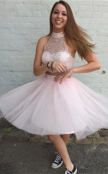 Rhinestoned Two-Piece Tulle Halter Lovely Cocktail Short Dress
