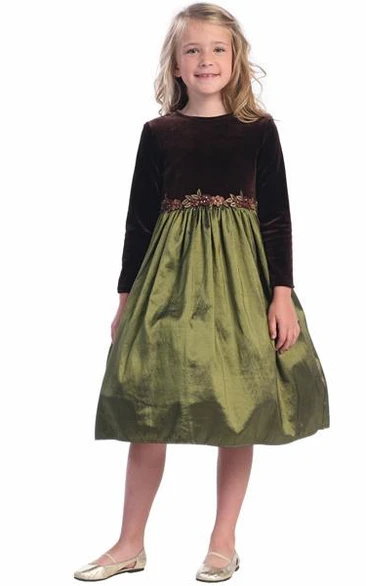 Two-tone Jewel-Neck Long Sleeve Tea-length Flower Girl Dress With Embellished Waist