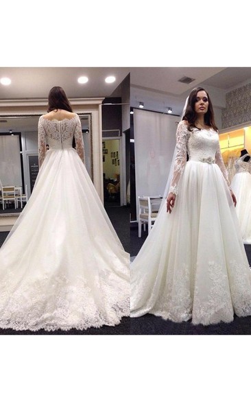 Off-the-shoulder Lace Tulle Illusion Long Sleeve Wedding Gown