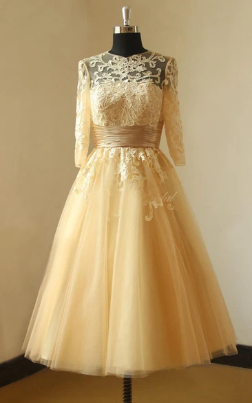 Lace Champagne Vintage Mid-Sleeves Dress