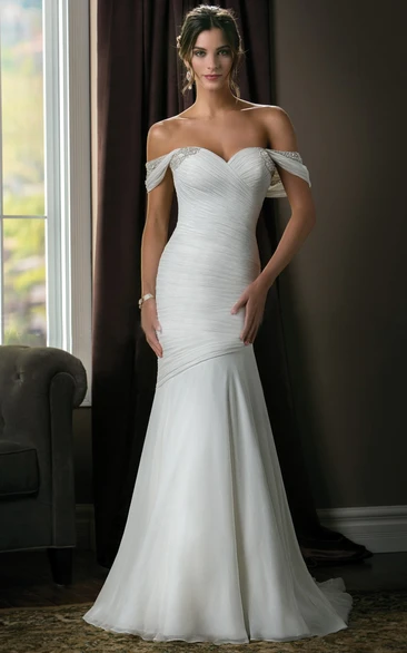 Sheath Off-the-shoulder  Floor-length Tulle Wedding Dress with Low-V Back and Criss cross