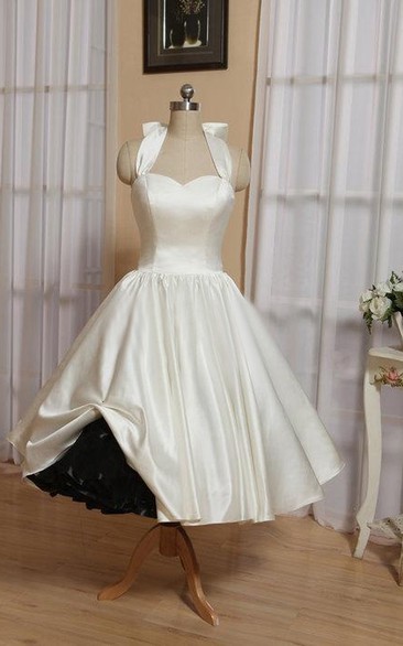Wedding Bow Lace-Up Back Tea-Length Halter Dress