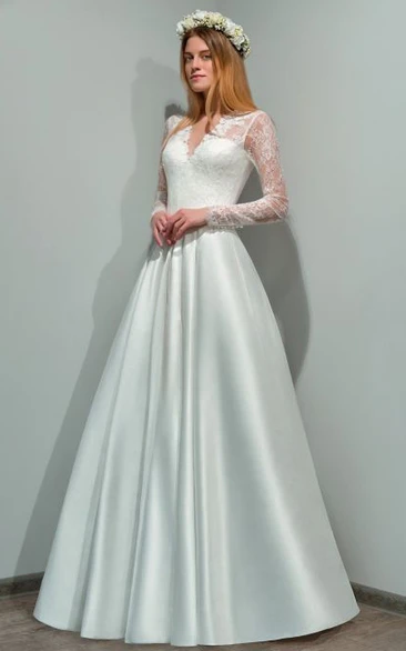 Modern A Line Satin Long Sleeve Floor-length Wedding Dress with Appliques