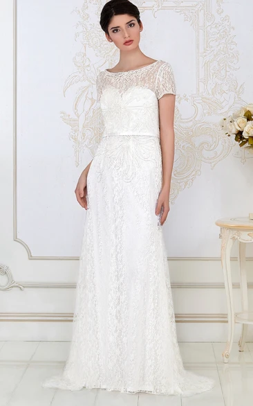 Scoop-neck Short Sleeve long Wedding gown With Beading And Lace