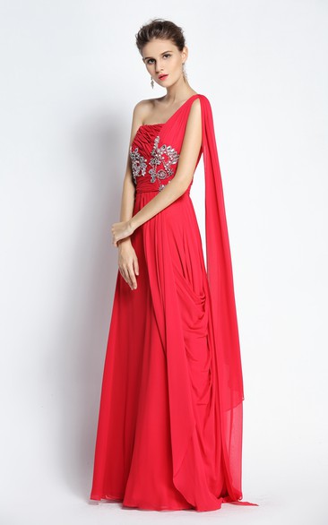 Floor-length A-Line One-shoulder Sleeveless Chiffon Prom Dress with Cascading Ruffles and Draping